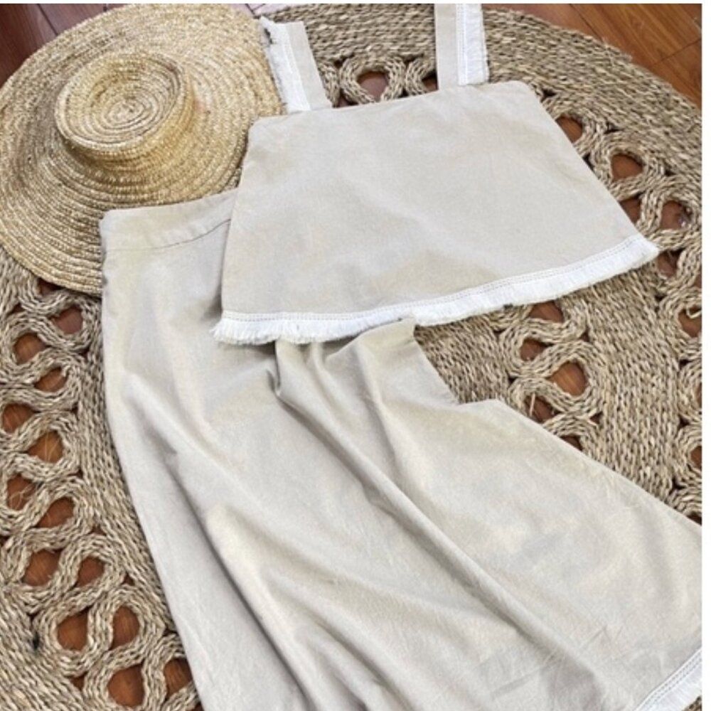 Women LAM & Linen Boho Crop Top and Skirt Set in Tan Size Medium - Picture 1 of 15